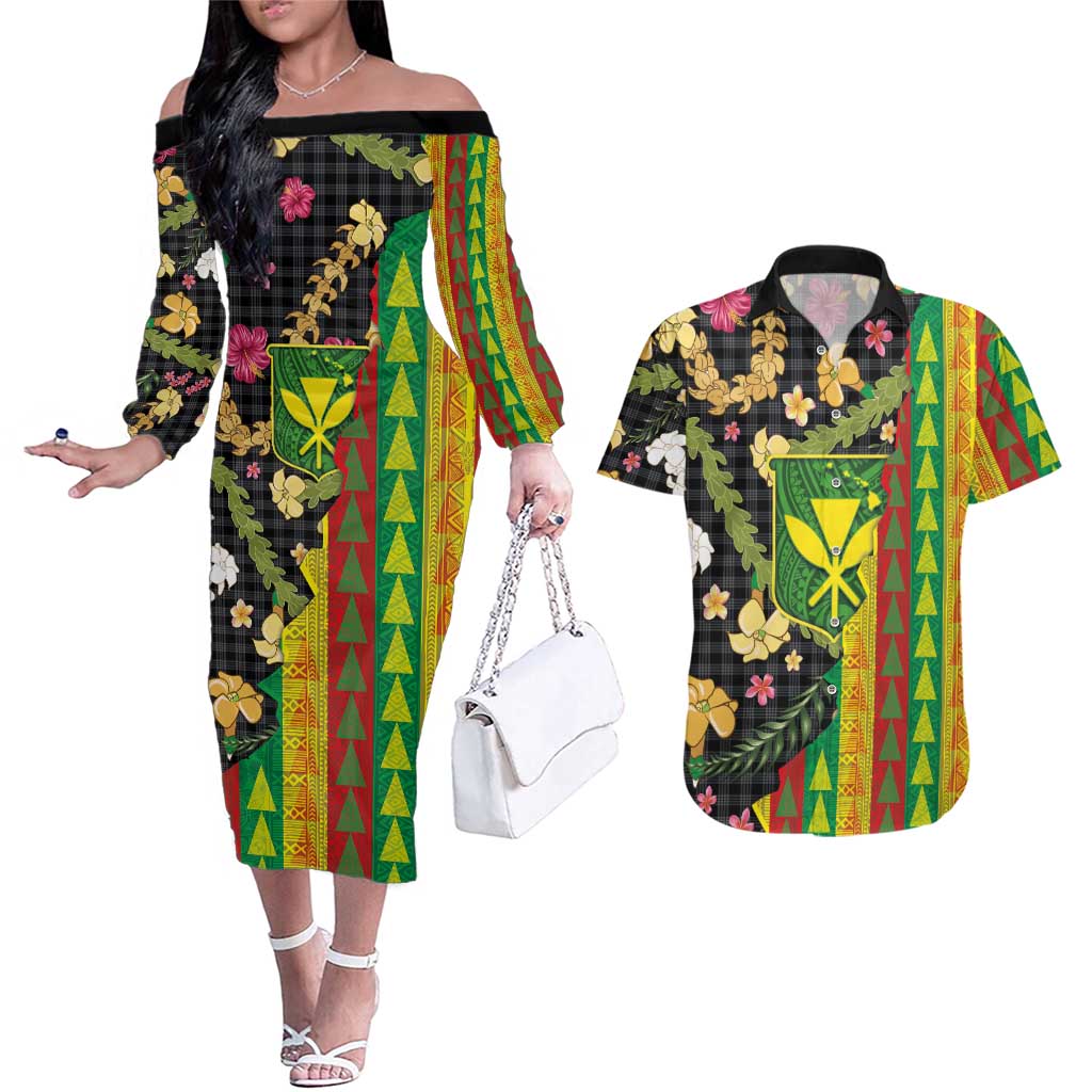 Hawaiian Tropical Plants Lei Couples Matching Off The Shoulder Long Sleeve Dress and Hawaiian Shirt Kanaka Maoli Tribal with Palaka Motifs LT03 Multicolor - Polynesian Pride