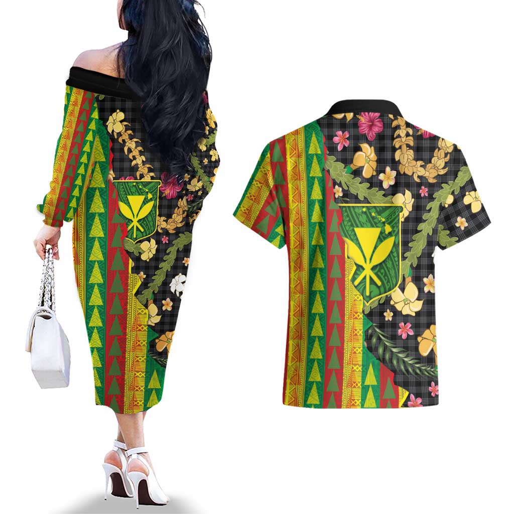 Hawaiian Tropical Plants Lei Couples Matching Off The Shoulder Long Sleeve Dress and Hawaiian Shirt Kanaka Maoli Tribal with Palaka Motifs LT03 - Polynesian Pride