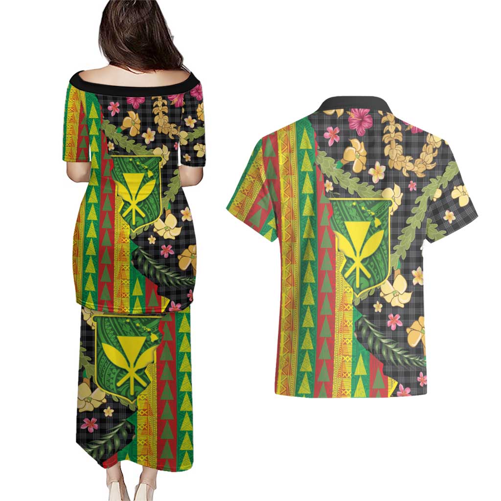 Hawaiian Tropical Plants Lei Couples Matching Puletasi and Hawaiian Shirt Kanaka Maoli Tribal with Palaka Motifs LT03 - Polynesian Pride