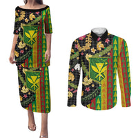 Hawaiian Tropical Plants Lei Couples Matching Puletasi and Long Sleeve Button Shirt Kanaka Maoli Tribal with Palaka Motifs LT03 Multicolor - Polynesian Pride
