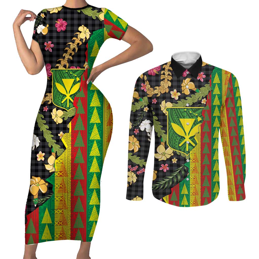 Hawaiian Tropical Plants Lei Couples Matching Short Sleeve Bodycon Dress and Long Sleeve Button Shirt Kanaka Maoli Tribal with Palaka Motifs - Polynesian Pride