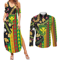 Hawaiian Tropical Plants Lei Couples Matching Summer Maxi Dress and Long Sleeve Button Shirt Kanaka Maoli Tribal with Palaka Motifs LT03 Multicolor - Polynesian Pride