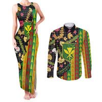 Hawaiian Tropical Plants Lei Couples Matching Tank Maxi Dress and Long Sleeve Button Shirt Kanaka Maoli Tribal with Palaka Motifs LT03 Multicolor - Polynesian Pride