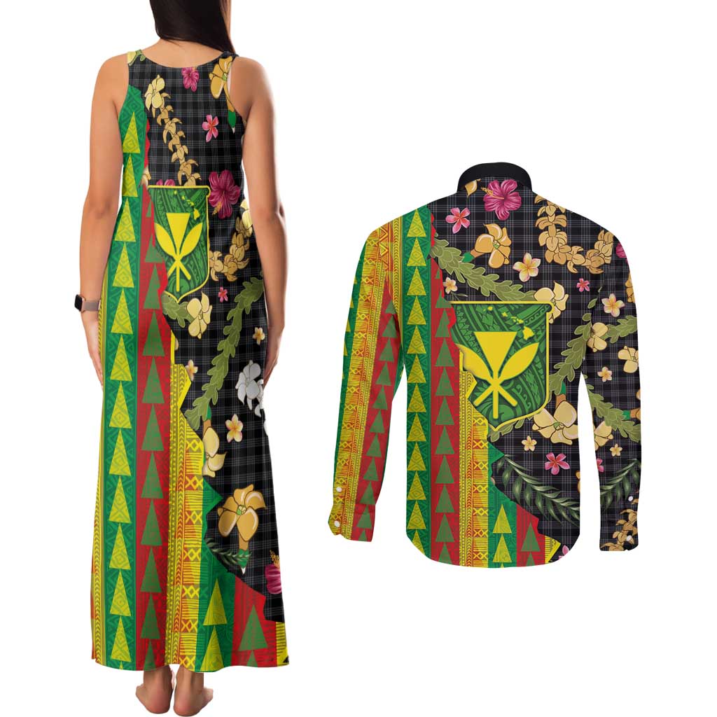 Hawaiian Tropical Plants Lei Couples Matching Tank Maxi Dress and Long Sleeve Button Shirt Kanaka Maoli Tribal with Palaka Motifs LT03 - Polynesian Pride