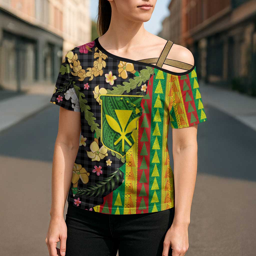 Hawaiian Tropical Plants Lei Cross Shoulder Shirt Kanaka Maoli Tribal with Palaka Motifs - Polynesian Pride