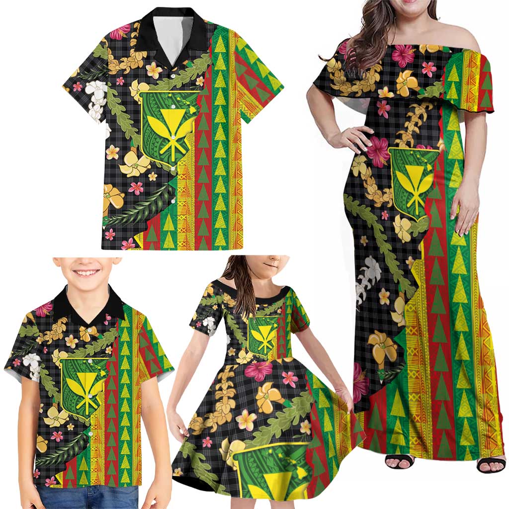 Hawaiian Tropical Plants Lei Family Matching Off Shoulder Maxi Dress and Hawaiian Shirt Kanaka Maoli Tribal with Palaka Motifs LT03 - Polynesian Pride