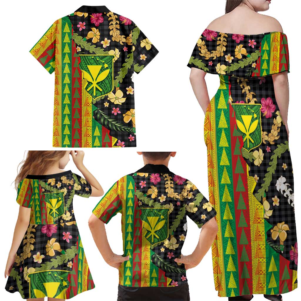 Hawaiian Tropical Plants Lei Family Matching Off Shoulder Maxi Dress and Hawaiian Shirt Kanaka Maoli Tribal with Palaka Motifs LT03 - Polynesian Pride