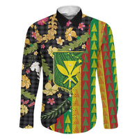 Hawaiian Tropical Plants Lei Family Matching Off Shoulder Maxi Dress and Hawaiian Shirt Kanaka Maoli Tribal with Palaka Motifs LT03 Dad's Shirt - Long Sleeve Multicolor - Polynesian Pride