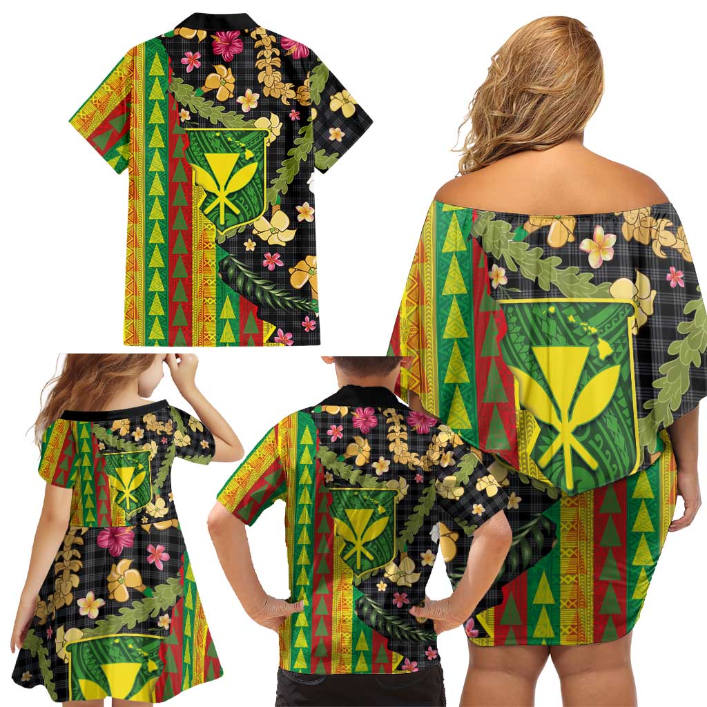 Hawaiian Tropical Plants Lei Family Matching Off Shoulder Short Dress and Hawaiian Shirt Kanaka Maoli Tribal with Palaka Motifs LT03 - Polynesian Pride