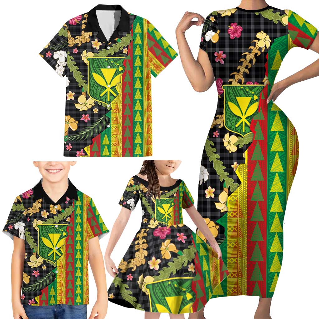 Hawaiian Tropical Plants Lei Family Matching Short Sleeve Bodycon Dress and Hawaiian Shirt Kanaka Maoli Tribal with Palaka Motifs LT03 - Polynesian Pride