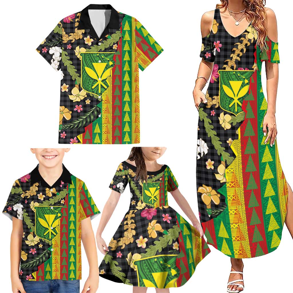 Hawaiian Tropical Plants Lei Family Matching Summer Maxi Dress and Hawaiian Shirt Kanaka Maoli Tribal with Palaka Motifs LT03 - Polynesian Pride