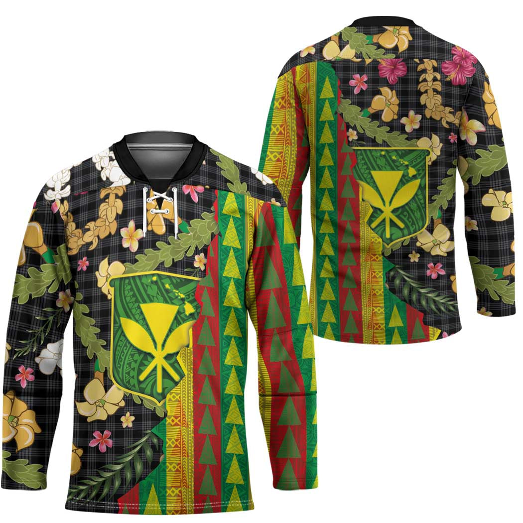 Hawaiian Tropical Plants Lei Hockey Jersey Kanaka Maoli Tribal with Palaka Motifs - Polynesian Pride