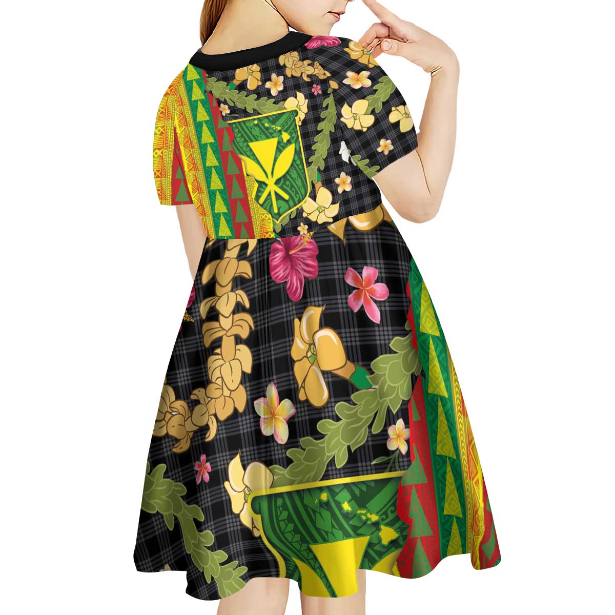 Hawaiian Tropical Plants Lei Kid Short Sleeve Dress Kanaka Maoli Tribal with Palaka Motifs LT03 - Polynesian Pride