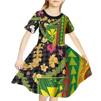 Hawaiian Tropical Plants Lei Kid Short Sleeve Dress Kanaka Maoli Tribal with Palaka Motifs LT03 - Polynesian Pride