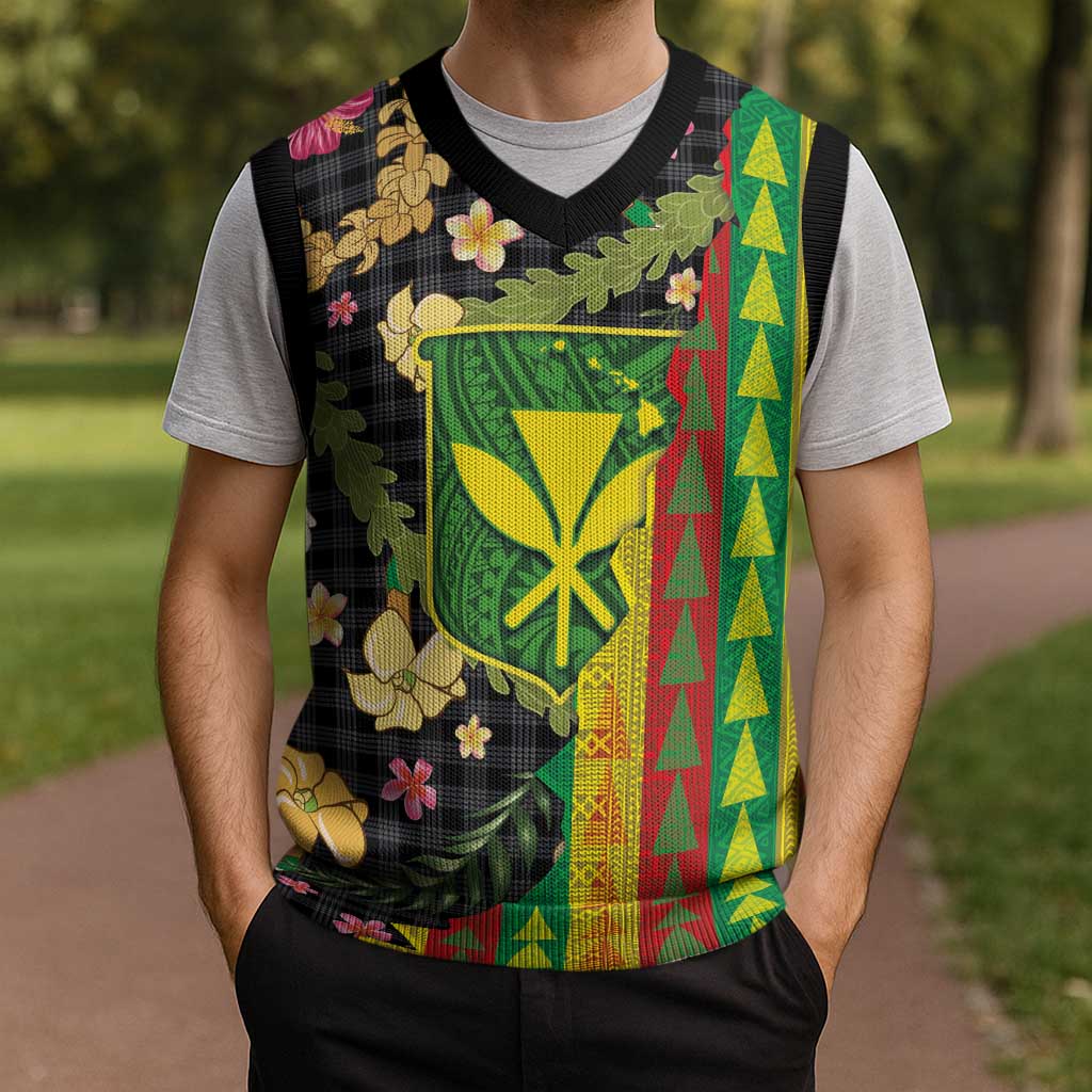 Hawaiian Tropical Plants Lei Christmas Knitted V-Neck Vest Kanaka Maoli Tribal with Palaka Motifs LT03 - Polynesian Pride