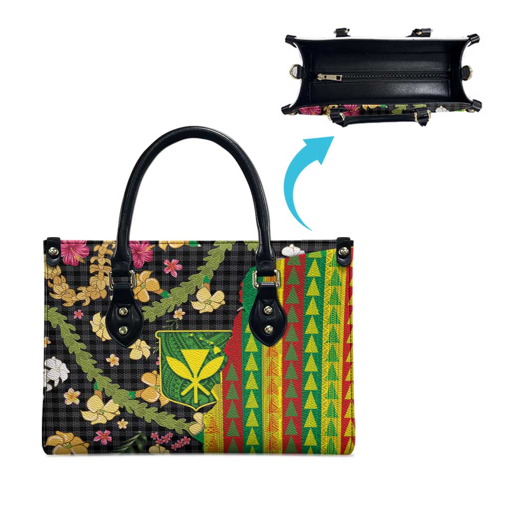 Hawaiian Tropical Plants Lei Leather Bag Kanaka Maoli Tribal with Palaka Motifs - Polynesian Pride