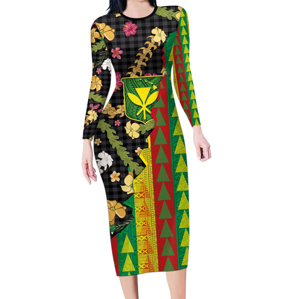 Hawaiian Tropical Plants Lei Long Sleeve Bodycon Dress Kanaka Maoli Tribal with Palaka Motifs LT03 Long Dress Multicolor - Polynesian Pride