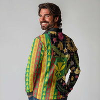 Hawaiian Tropical Plants Lei Long Sleeve Polo Shirt Kanaka Maoli Tribal with Palaka Motifs LT03 - Polynesian Pride
