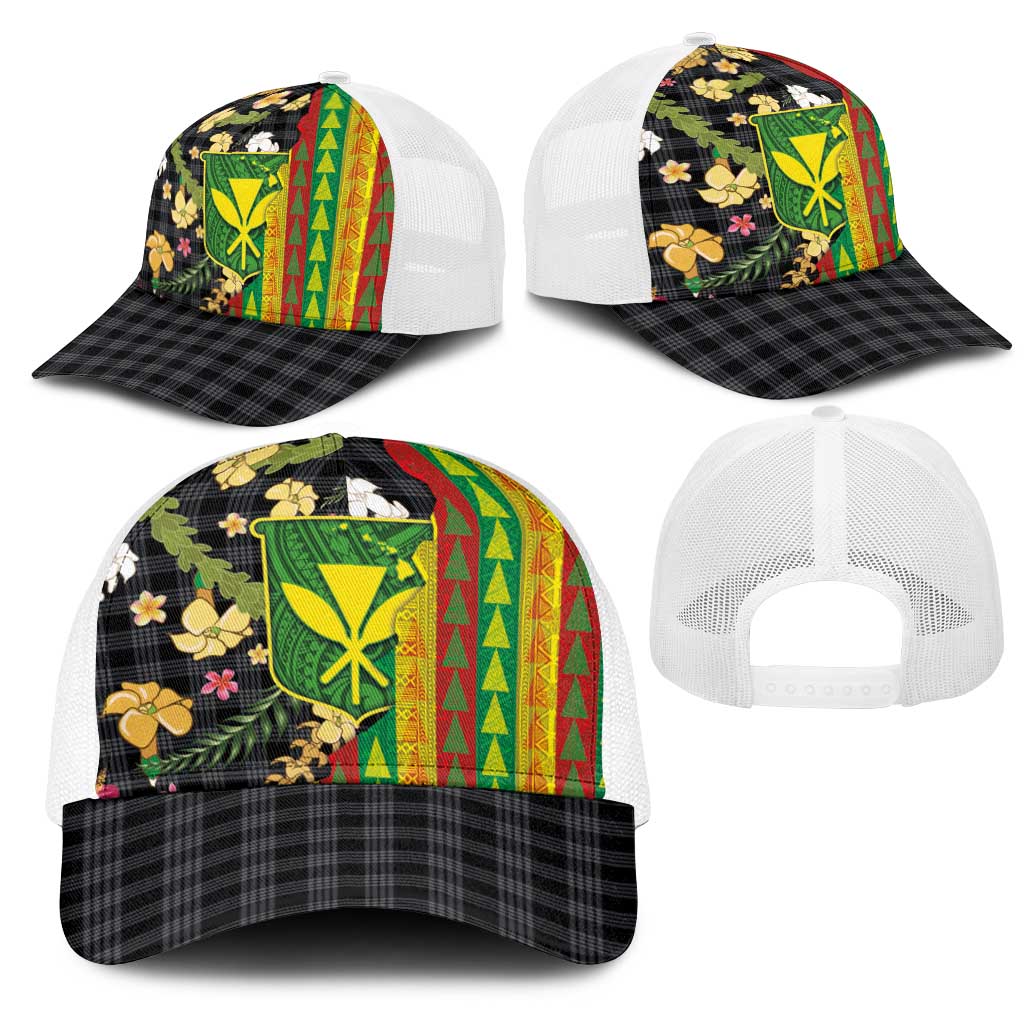 Hawaiian Tropical Plants Lei Mesh Trucker Cap Kanaka Maoli Tribal with Palaka Motifs - Polynesian Pride