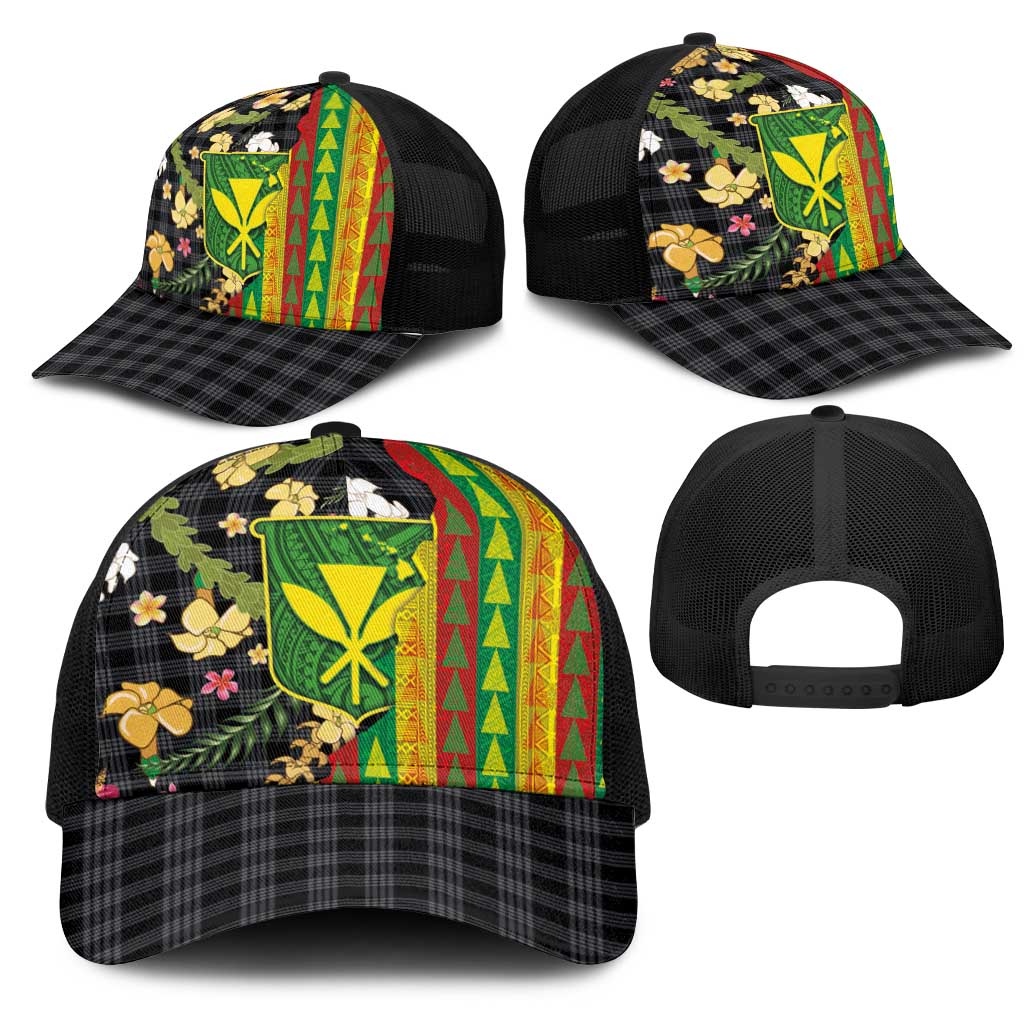 Hawaiian Tropical Plants Lei Mesh Trucker Cap Kanaka Maoli Tribal with Palaka Motifs - Polynesian Pride