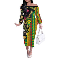 Hawaiian Tropical Plants Lei Off The Shoulder Long Sleeve Dress Kanaka Maoli Tribal with Palaka Motifs LT03 Women Multicolor - Polynesian Pride