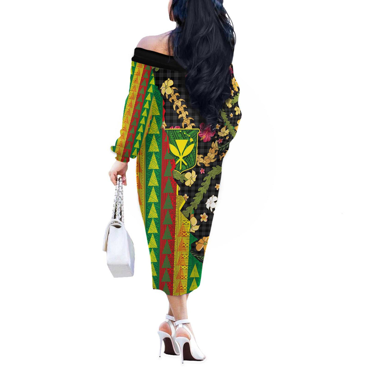 Hawaiian Tropical Plants Lei Off The Shoulder Long Sleeve Dress Kanaka Maoli Tribal with Palaka Motifs LT03 - Polynesian Pride