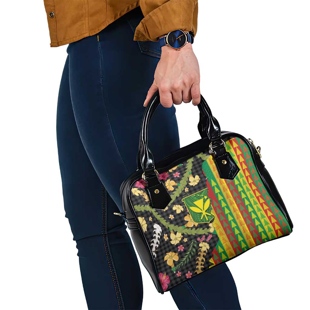 Hawaiian Tropical Plants Lei Shoulder Handbag Kanaka Maoli Tribal with Palaka Motifs - Polynesian Pride