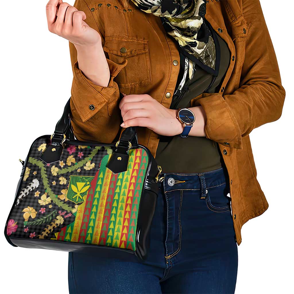 Hawaiian Tropical Plants Lei Shoulder Handbag Kanaka Maoli Tribal with Palaka Motifs - Polynesian Pride