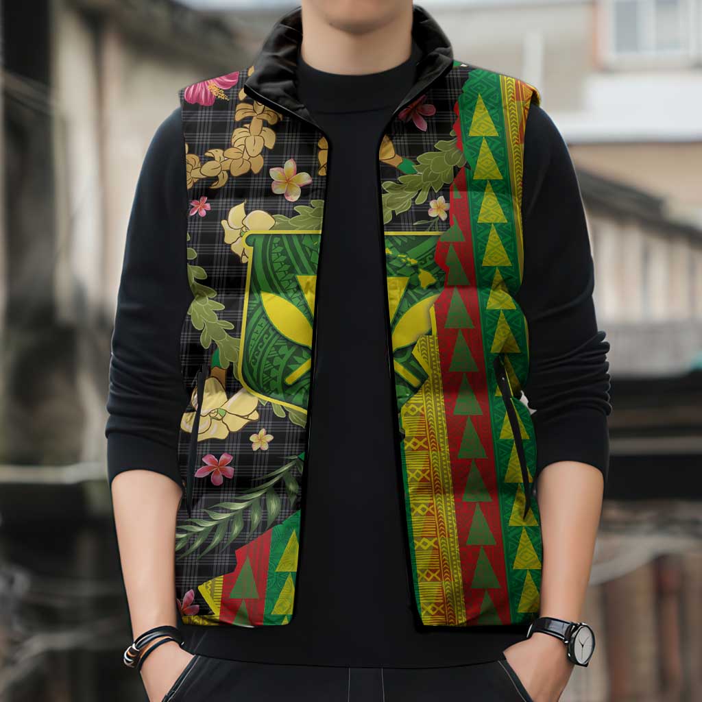 Hawaiian Tropical Plants Lei Sleeveless Puffer Jacket Kanaka Maoli Tribal with Palaka Motifs - Polynesian Pride