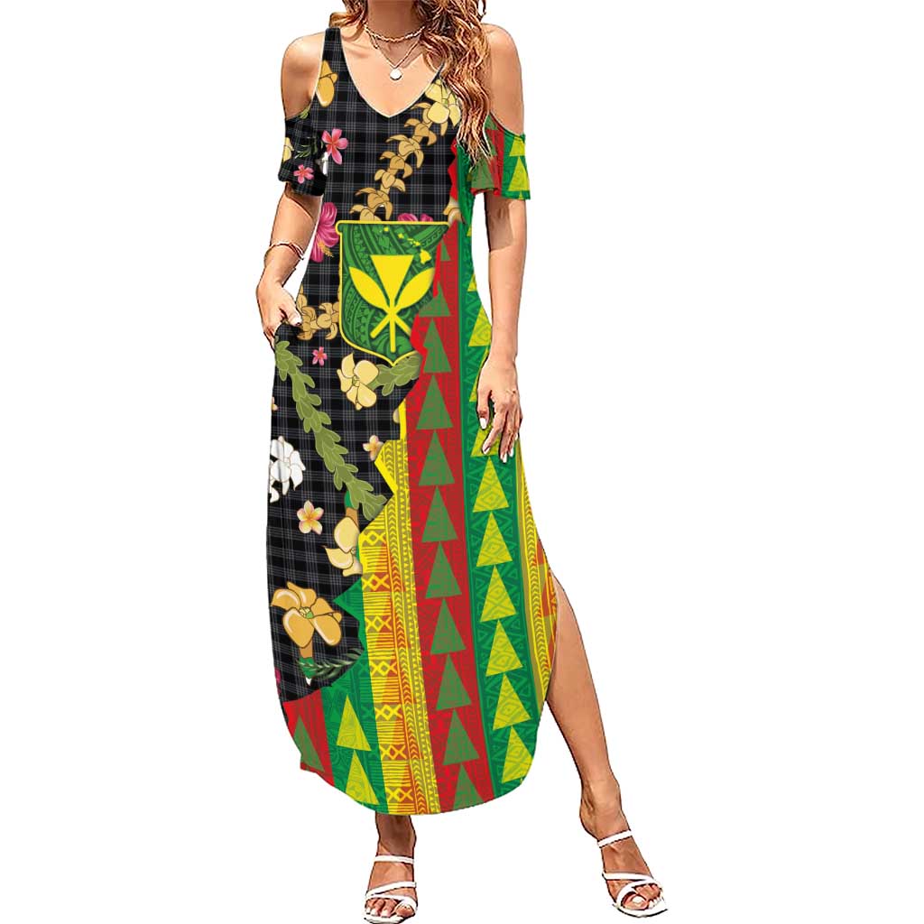Hawaiian Tropical Plants Lei Summer Maxi Dress Kanaka Maoli Tribal with Palaka Motifs - Polynesian Pride