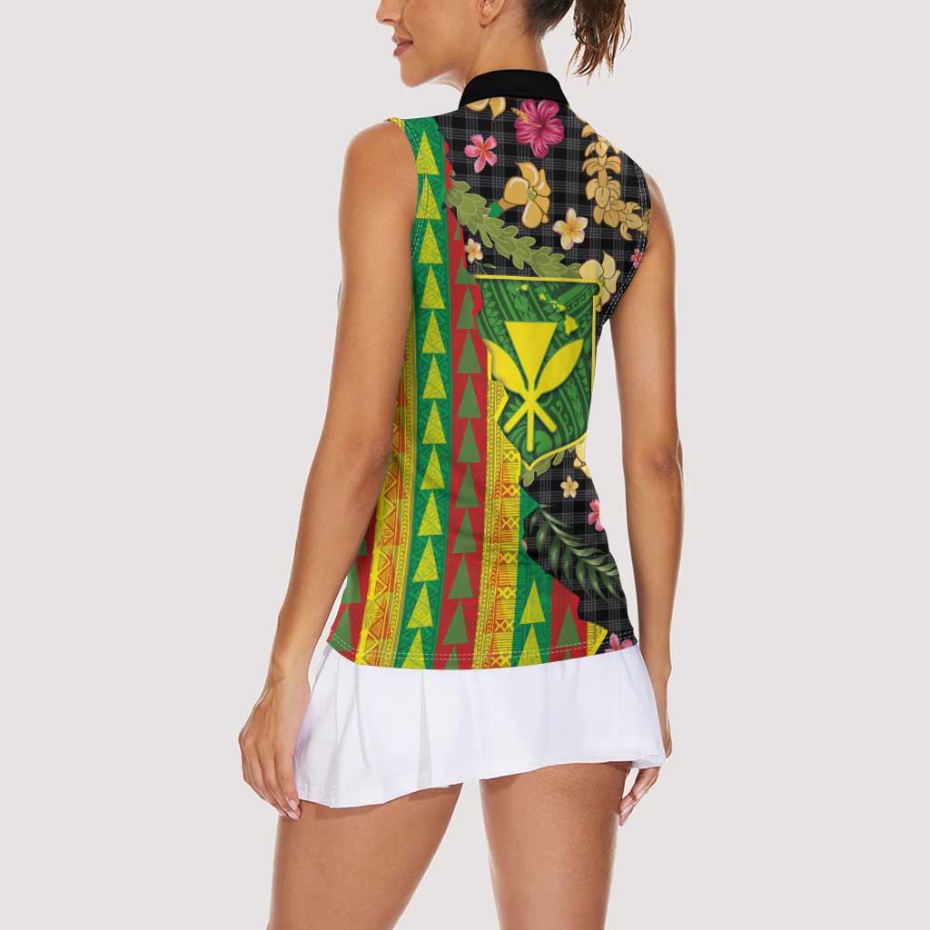 Hawaiian Tropical Plants Lei Women Sleeveless Polo Shirt Kanaka Maoli Tribal with Palaka Motifs LT03 - Polynesian Pride