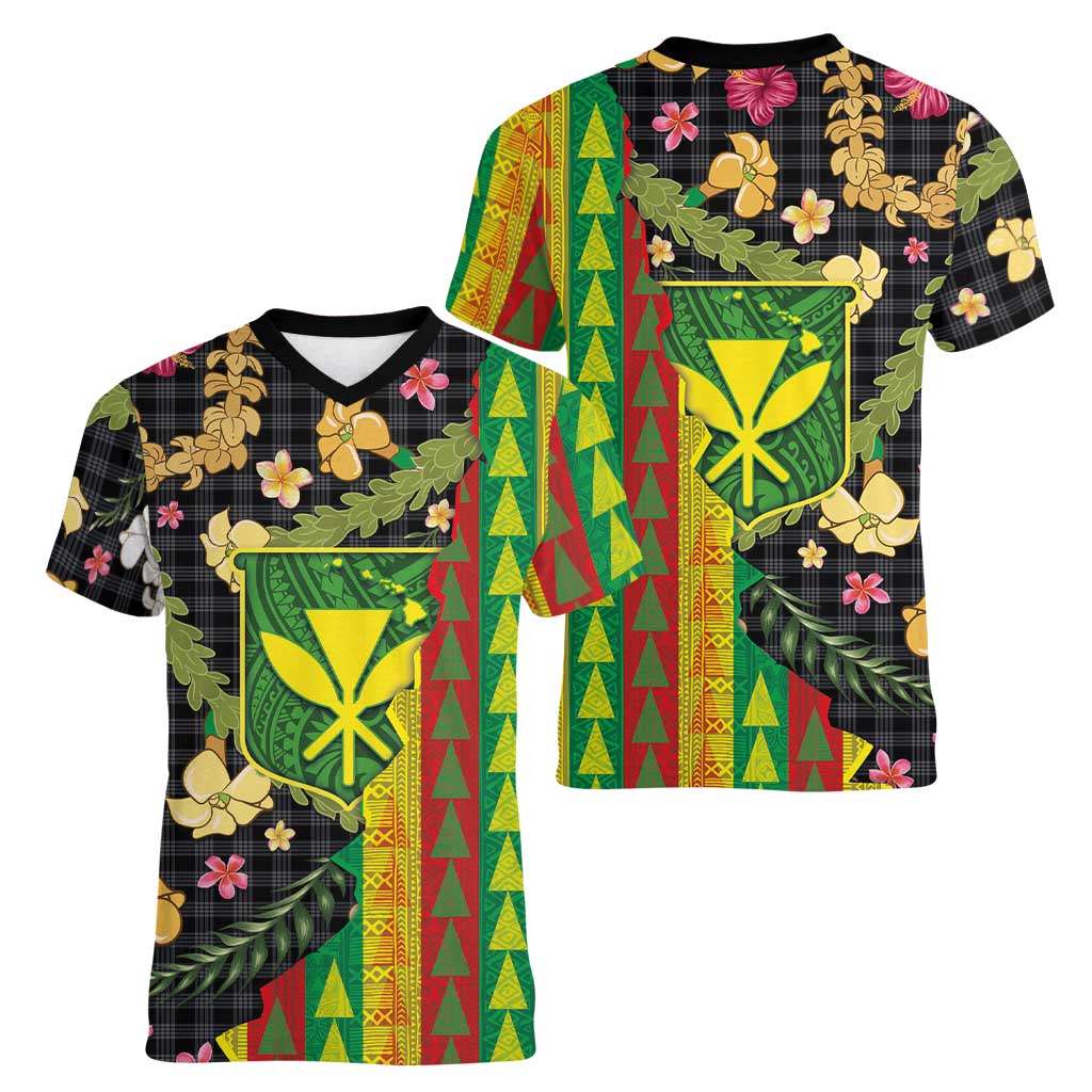 Hawaiian Tropical Plants Lei Women V-Neck T-Shirt Kanaka Maoli Tribal with Palaka Motifs LT03 - Polynesian Pride