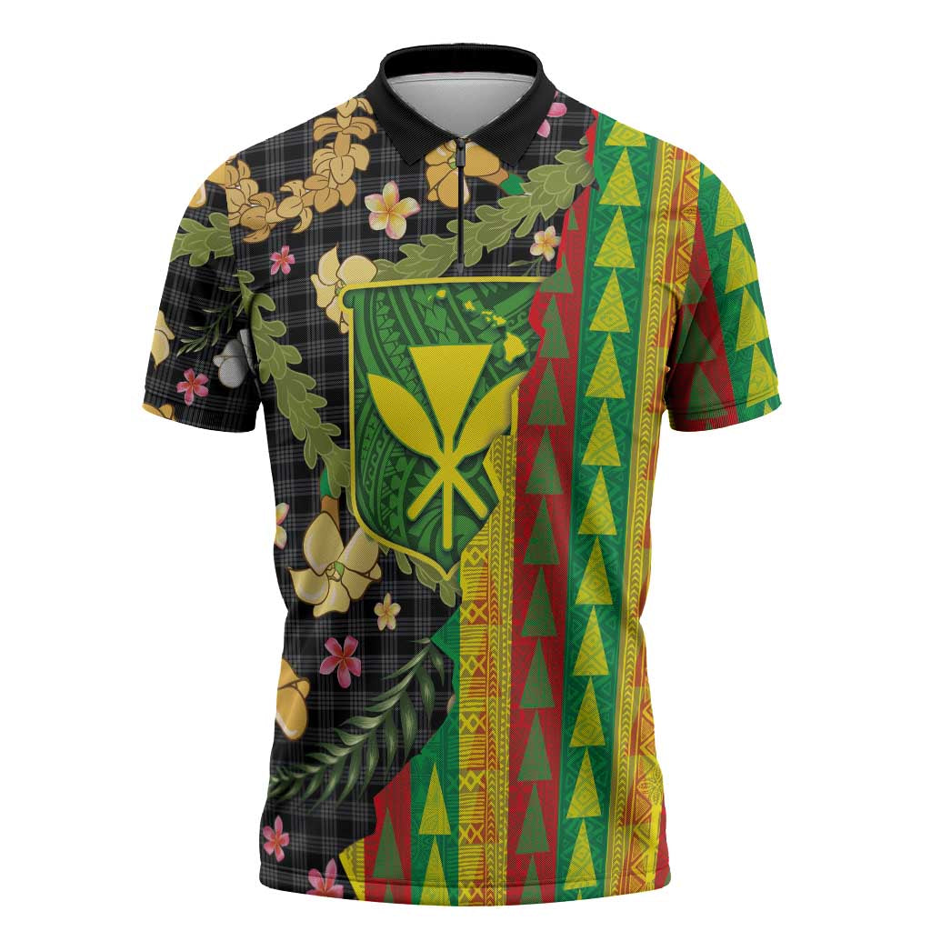 Hawaiian Tropical Plants Lei Zipper Polo Shirt Kanaka Maoli Tribal with Palaka Motifs LT03 Multicolor - Polynesian Pride