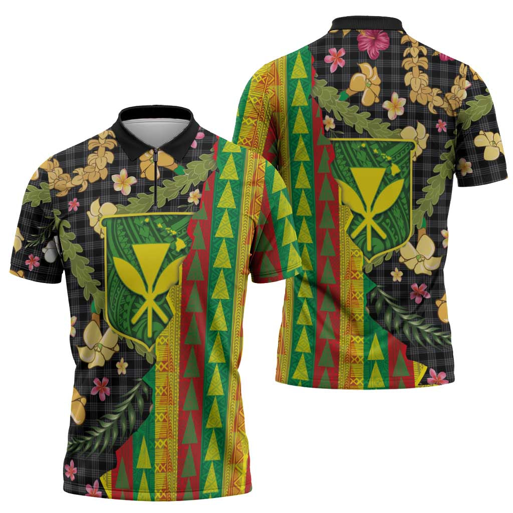 Hawaiian Tropical Plants Lei Zipper Polo Shirt Kanaka Maoli Tribal with Palaka Motifs LT03 - Polynesian Pride
