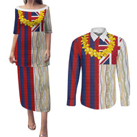 Hawaiian Tropical Plants Lei Couples Matching Puletasi and Long Sleeve Button Shirt National Flag Style - Polynesian Pride