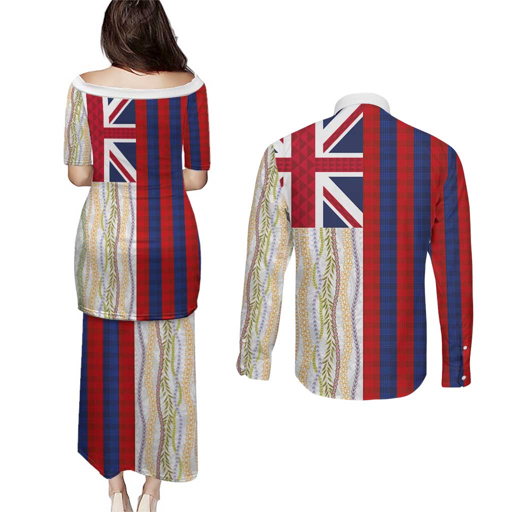 Hawaiian Tropical Plants Lei Couples Matching Puletasi and Long Sleeve Button Shirt National Flag Style - Polynesian Pride