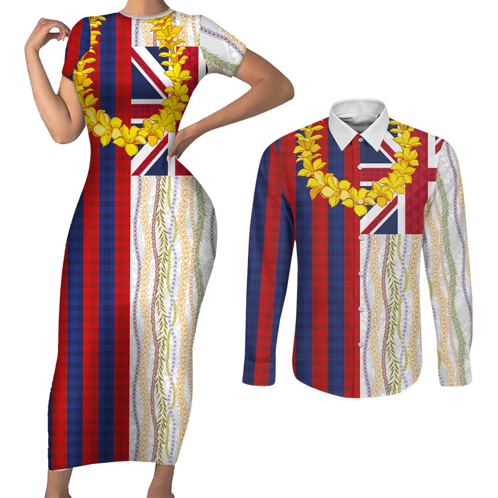 Hawaiian Tropical Plants Lei Couples Matching Short Sleeve Bodycon Dress and Long Sleeve Button Shirt National Flag Style - Polynesian Pride