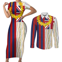 Hawaiian Tropical Plants Lei Couples Matching Short Sleeve Bodycon Dress and Long Sleeve Button Shirt National Flag Style - Polynesian Pride