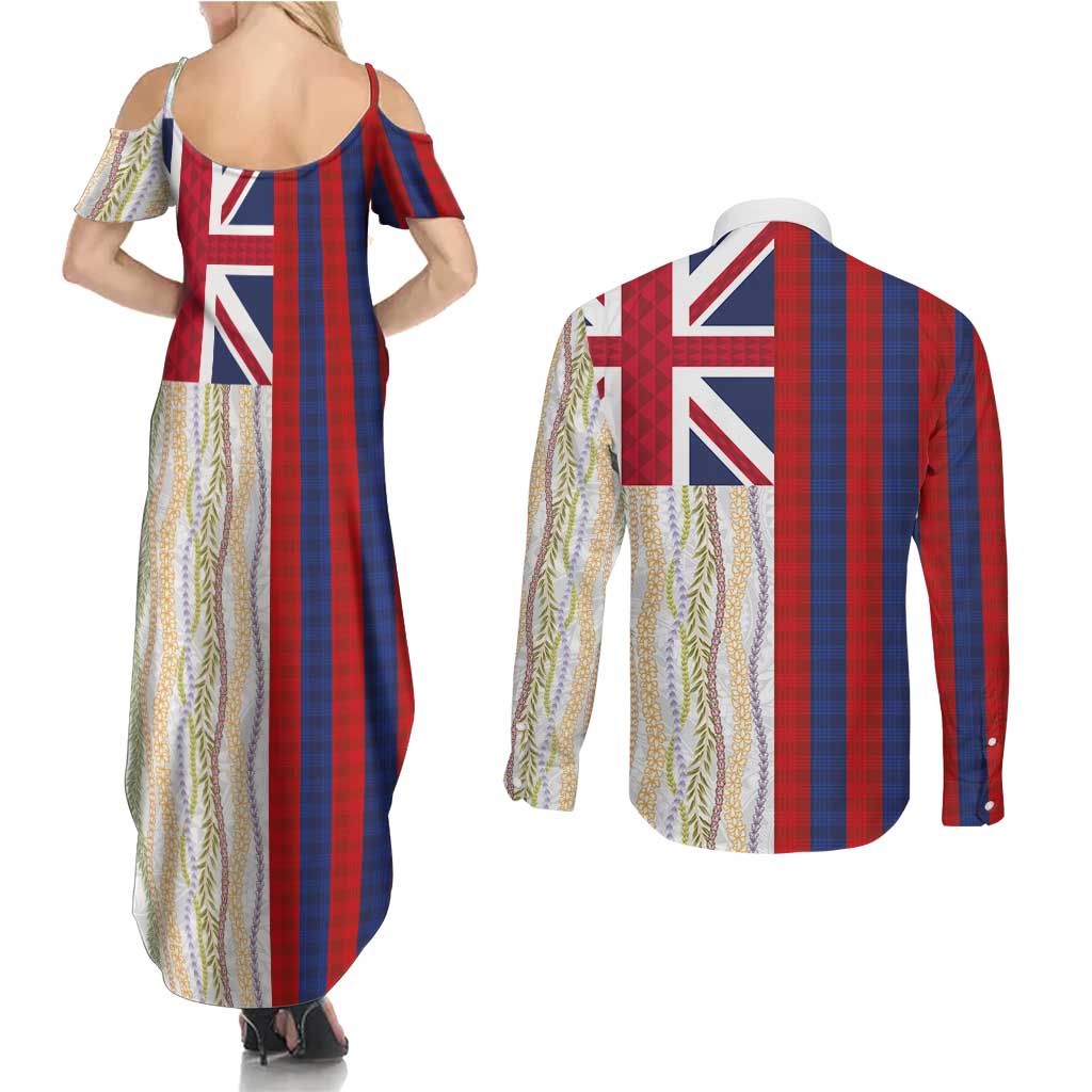 Hawaiian Tropical Plants Lei Couples Matching Summer Maxi Dress and Long Sleeve Button Shirt National Flag Style - Polynesian Pride