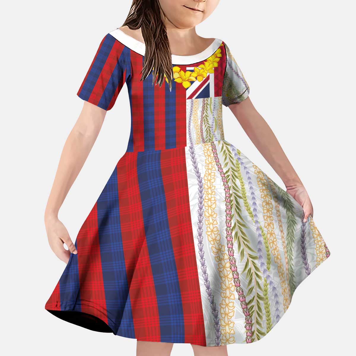 Hawaiian Tropical Plants Lei Kid Short Sleeve Dress National Flag Style - Polynesian Pride