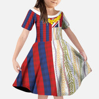 Hawaiian Tropical Plants Lei Kid Short Sleeve Dress National Flag Style - Polynesian Pride