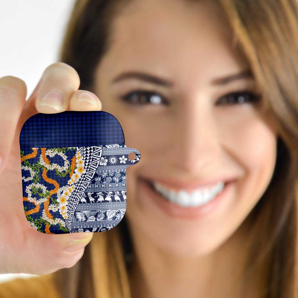 Hawaiian Plumeria Lei AirPods Case Kakau Motifs and Palaka Half Style Blue Color - Polynesian Pride