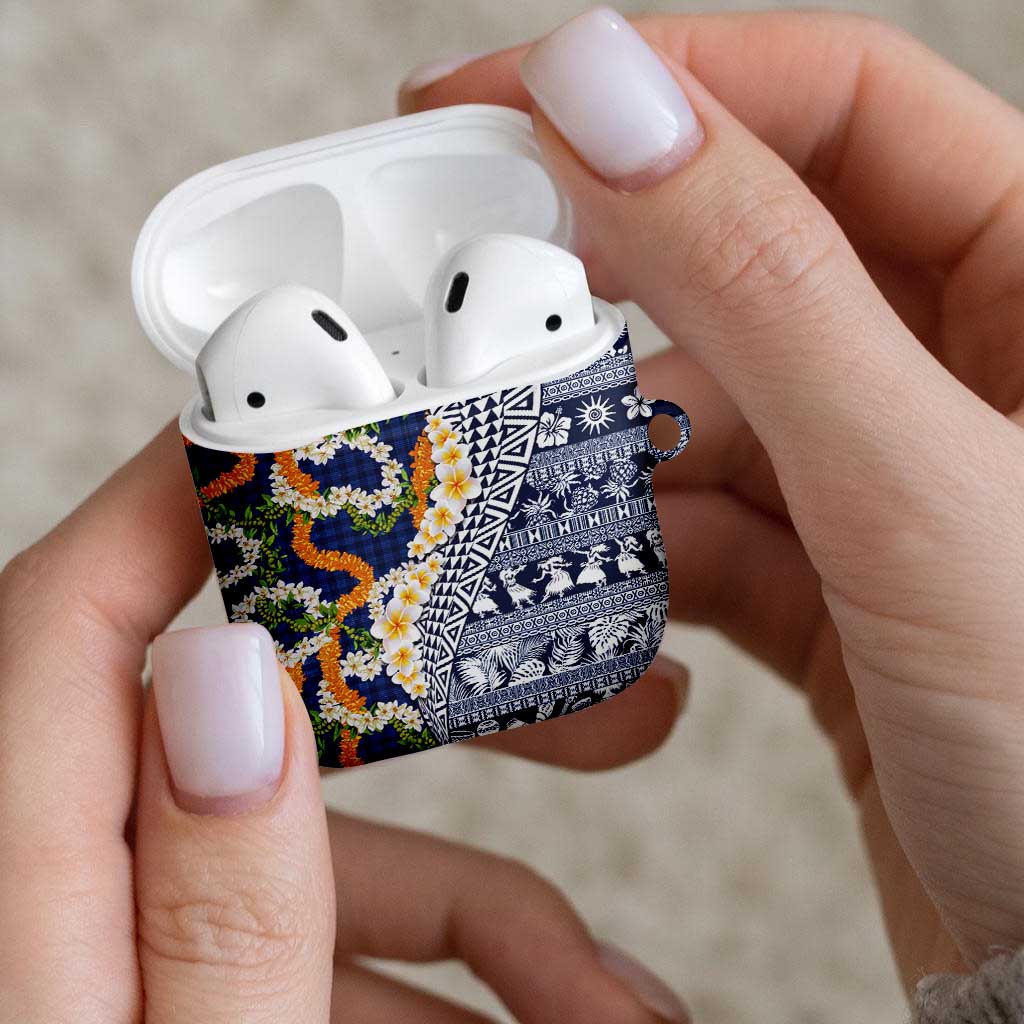 Hawaiian Plumeria Lei AirPods Case Kakau Motifs and Palaka Half Style Blue Color - Polynesian Pride