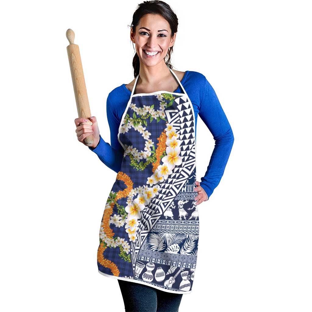 Hawaiian Plumeria Lei Apron Kakau Motifs and Palaka Half Style Blue Color - Polynesian Pride