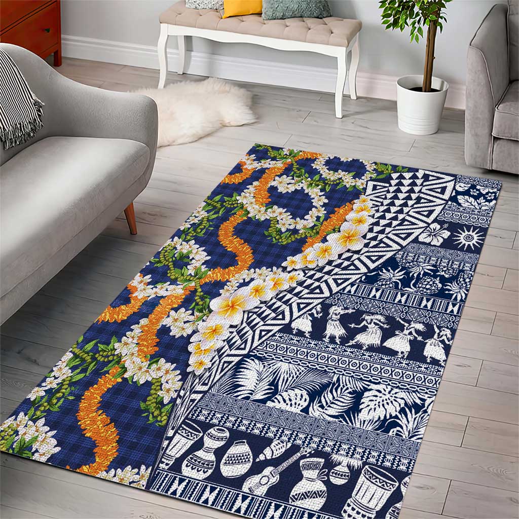 Hawaiian Plumeria Lei Area Rug Kakau Motifs and Palaka Half Style Blue Color - Polynesian Pride