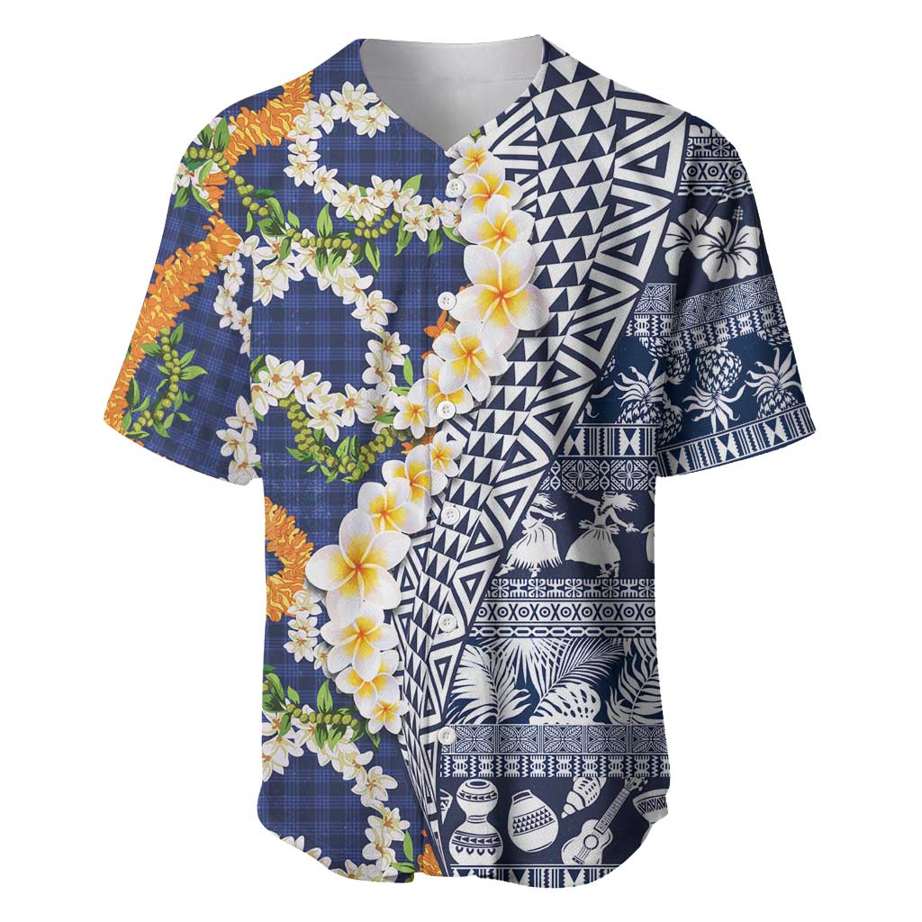 Hawaiian Plumeria Lei Baseball Jersey Kakau Motifs and Palaka Half Style Blue Color - Polynesian Pride