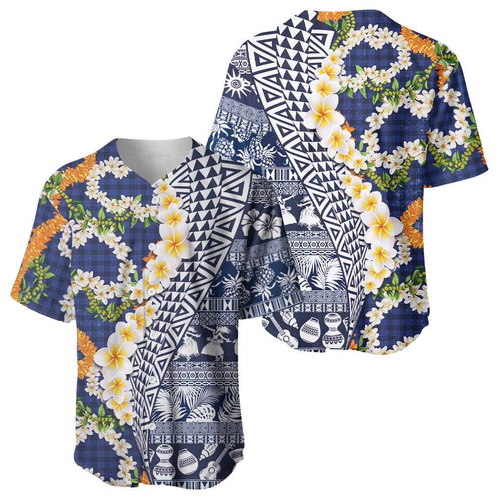 Hawaiian Plumeria Lei Baseball Jersey Kakau Motifs and Palaka Half Style Blue Color - Polynesian Pride
