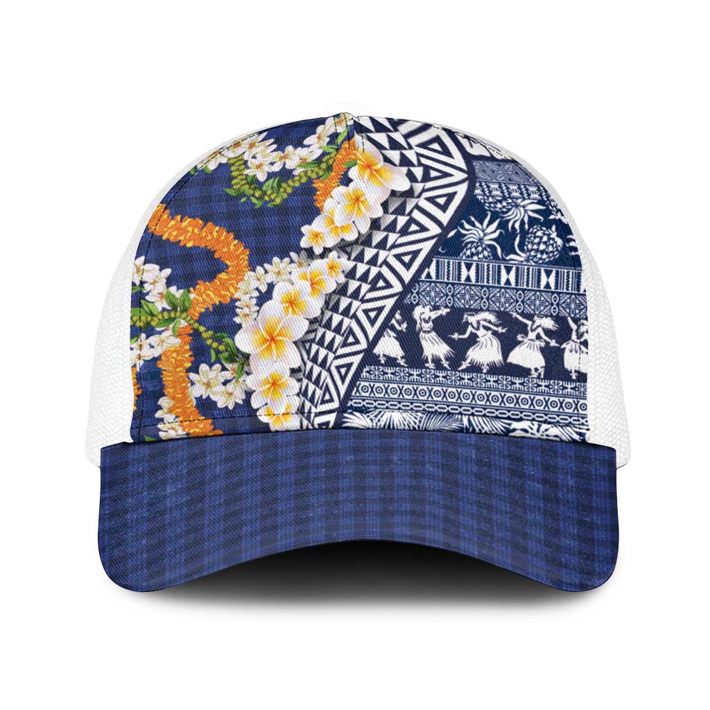 Hawaiian Plumeria Lei Baseball Net Cap Kakau Motifs and Palaka Half Style Blue Color - Polynesian Pride