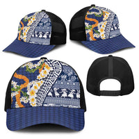 Hawaiian Plumeria Lei Baseball Net Cap Kakau Motifs and Palaka Half Style Blue Color - Polynesian Pride