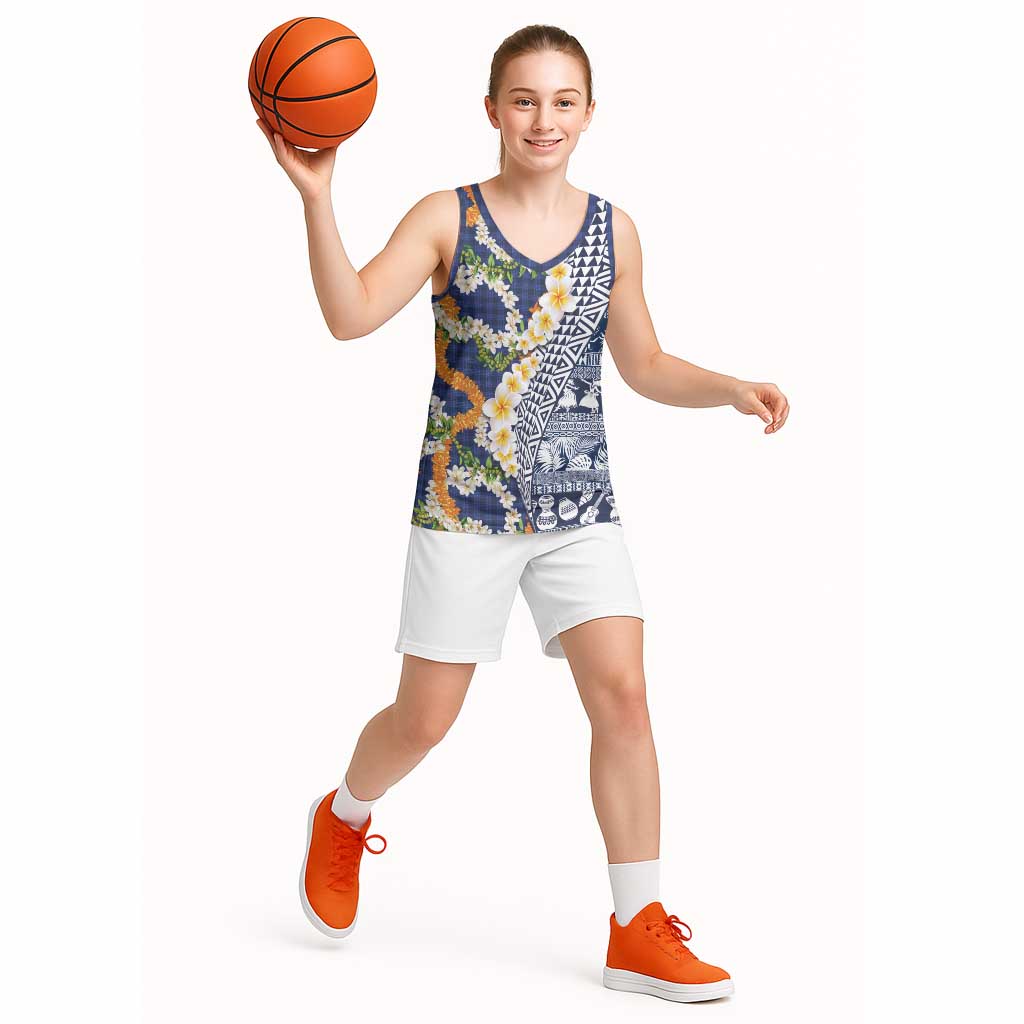 Hawaiian Plumeria Lei Basketball Jersey Kakau Motifs and Palaka Half Style Blue Color - Polynesian Pride